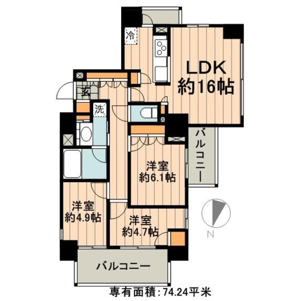 グランドメゾン新宿弁天町 東京都新宿区弁天町 (24.5万円／3LDK (洋室4.7 洋室4.9 洋室6.1 LDK16)／74.24㎡)｜賃貸物件(賃貸マンション・アパート・一戸建て)の住宅