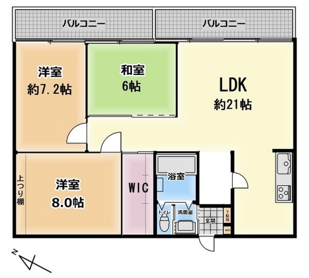 間取り図 3LDK。快適性とゆとりをデザインしたリビングは広々約21帖。 リビング隣の和室は、趣ある安らぎ空間。来訪時としても重宝します。