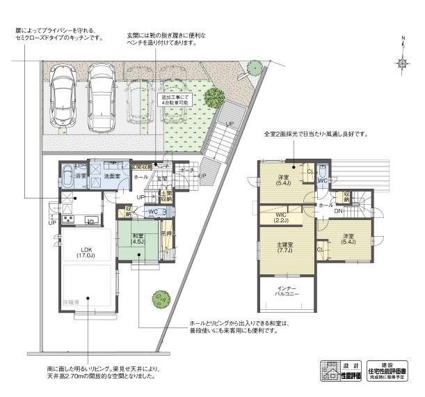 間取り図 B25-3号棟 対面式のセミクローズドキッチンは、料理をしながらリビング・ダイニングを見渡せるとともに、キッチンを隠したい時は隠せる便利な空間です。また、玄関には靴の脱ぎ履きに便利なエントランスベンチを設えました。
