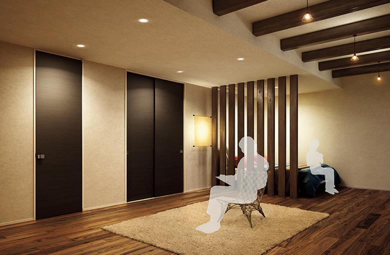 構造・工法・仕様 2.4m天井までの高さの建具を採用。廊下と室内の天井に切れ目がなく開放感が高まります
