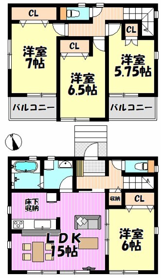 間取り図 4LDK リビング15帖 隣接する洋室の扉を開放すると21帖超の広々空間になります 全室南向き