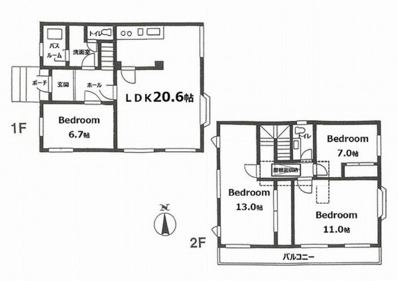 間取り図 LDK20帖をはじめ一部屋が広いゆったりとした間取りプラン~南向きワイドバルコニー付です。収納に便利な小屋裏収納付。