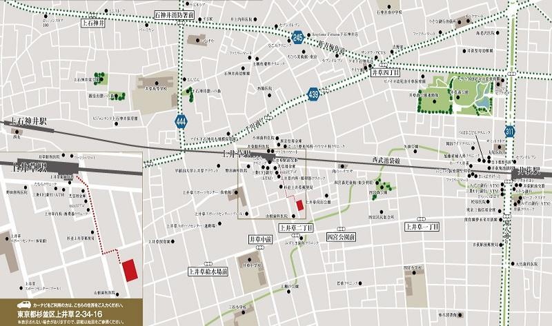 【現地案内図】 西武新宿線「上井草」駅から徒歩3分の好立地に誕生する新たな街並み。駅から現地の間に、生活利便施設が集まっています。