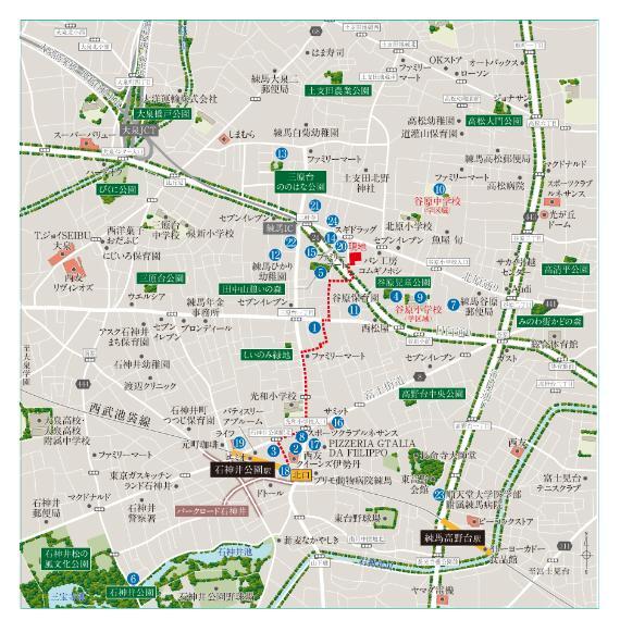 【現地案内図】 多彩な施設が並ぶ賑やかな駅前を進むと、自然あふれる公園や緑地が点在する落ち着いた住環境が広がります。