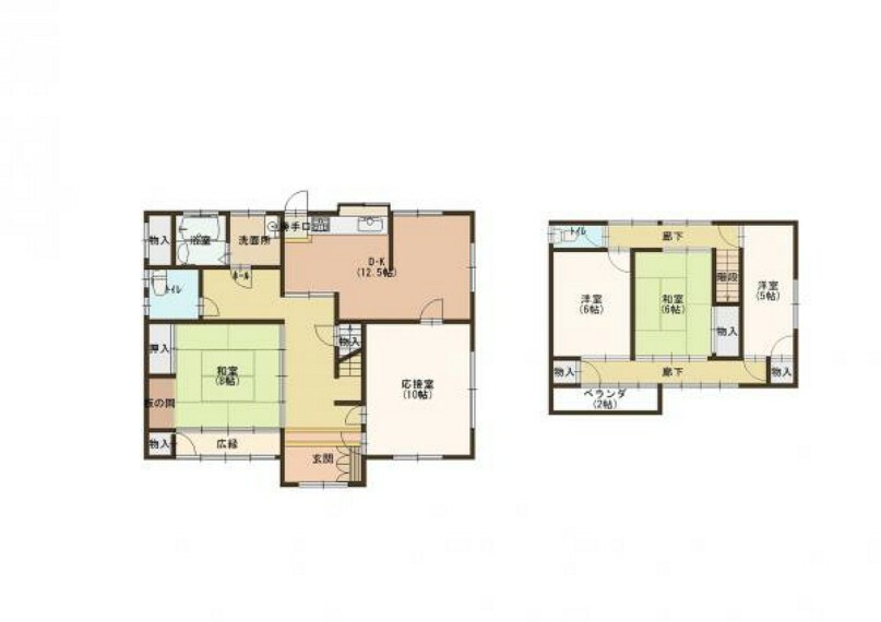 間取り図 【リフォーム済】1階に2部屋と2階に3部屋の居室がある5LDKです。お風呂とトイレ、洗面所は1坪サイズになっていて、2階にもトイレがあるので便利ですね。