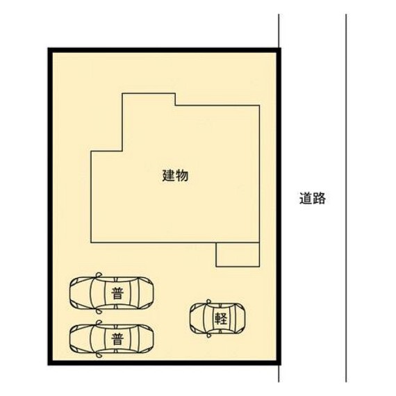 区画図 【配置図】駐車場の様子です。間口を広げたので車を停めやすくなりました。車種によっては停めやすさや駐車台数は変わりますので、ぜひ現地で確認してみてください。