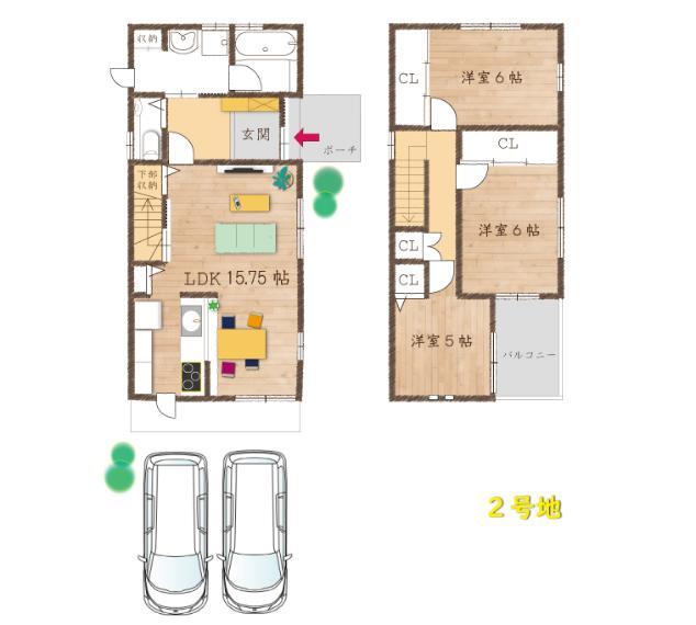 間取り図 リビングからはキッチンが見えづらい、ゲストに配慮したレイアウト。