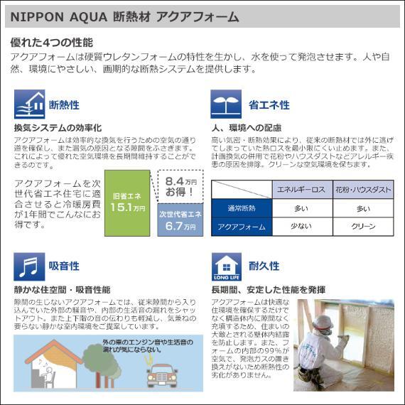 人や環境、地球にやさしい水の力で発泡する断熱材。 高気密・高断熱の効果で過ごし易い温度を保ち光熱費削減へと繋がります。 吸音性にも優れているので生活音や外部音を軽減します。 また、耐久性にも強く長期間安定した性能を発揮します。 【アクアフォーム】