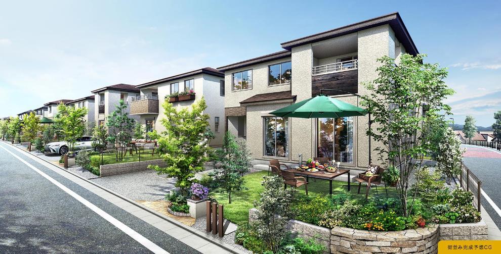 完成予想図(外観) 遊歩道を望む新街区登場 敷地面積170平米超×平均建物面積100平米超※.第4期対象住戸の平均建物面積は102.54平米となります。