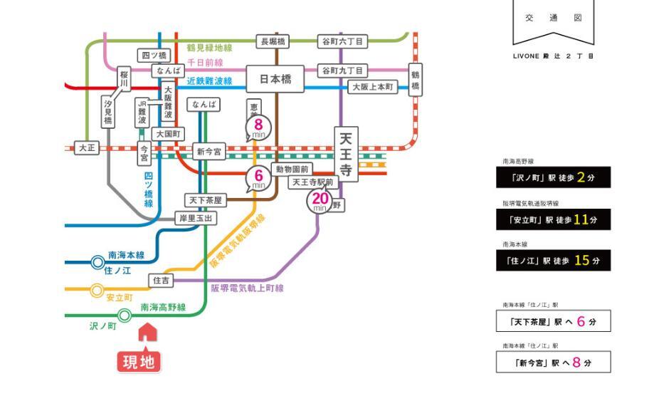 交通図。南海高野線「沢ノ町」駅まで徒歩2分の駅近生活!!大阪南エリアの中心地のなんばまでは電車で約13分。お家からなんばまで約15分で行くことができる便利な立地です。