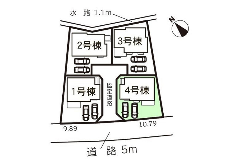 区画図 4号棟 南側道路につき陽当り良好です。カースペース2台可