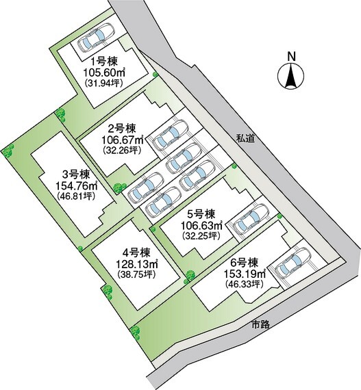 土地図面 全体区画図です 全6棟が建ちます カースペース1台~2台付きです (車種によります)