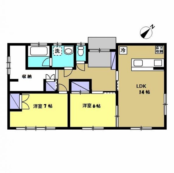 間取り図 【間取り図】2LDKのコンパクトなお家です。若い方でも住みやすいように、和室は洋室に変更しました。カウンターキッチンなので、家族の顔を見ながら夕飯の支度ができます。