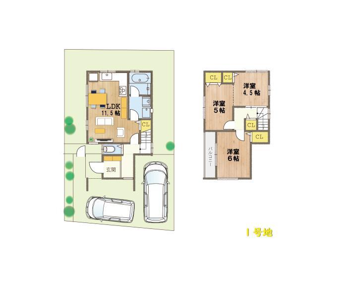 間取り図 (1号地間取り図)2階の居室はご家族様の人数や生活スタイルに合わせて、分けたりくっつけたり。フレキシブルに対応可能です。