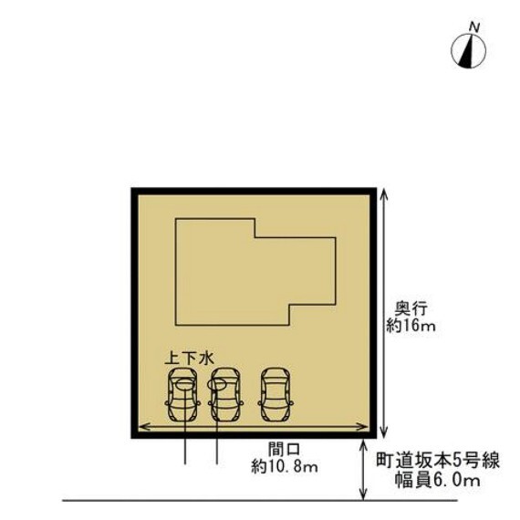 区画図 【リフォーム済】 敷地図です。 お車はこのように敷地南側に並列3台駐車可能に拡張しました。もともとあった塀を一部撤去し、間口を広げて駐車しやすくなるよう仕上げました。