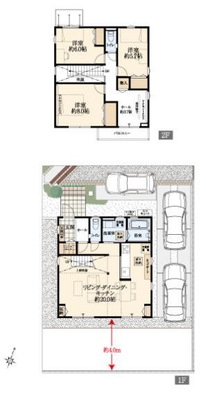 間取り図 NO.3-3 オープンリビング階段と吹き抜けのあるLDKは約20帖。リビングや2階ホール、全居室に収納を完備。