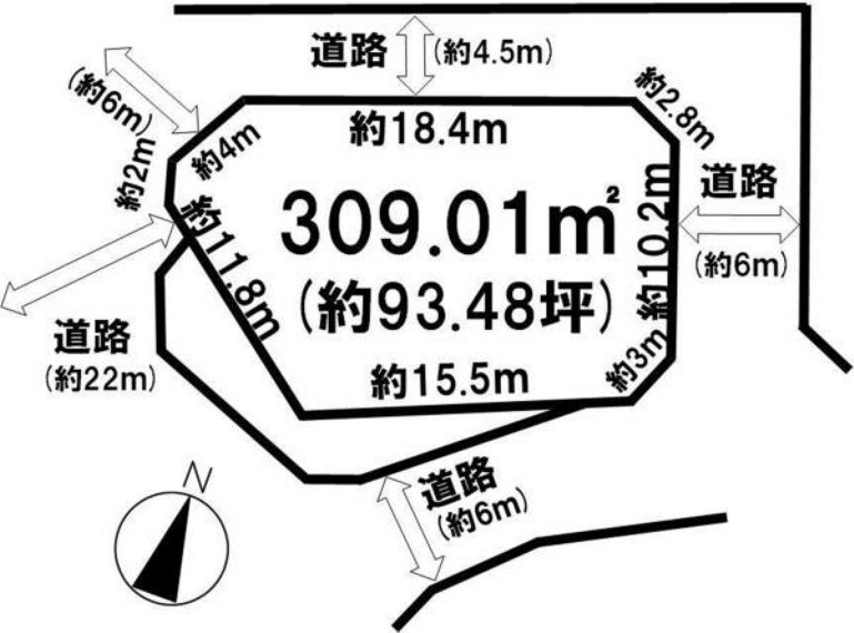 土地図面 建築条件無し、4方角地