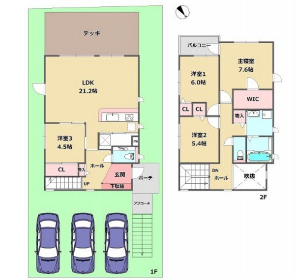 間取り図 駐車3台 ウッドデッキ 20帖リビング