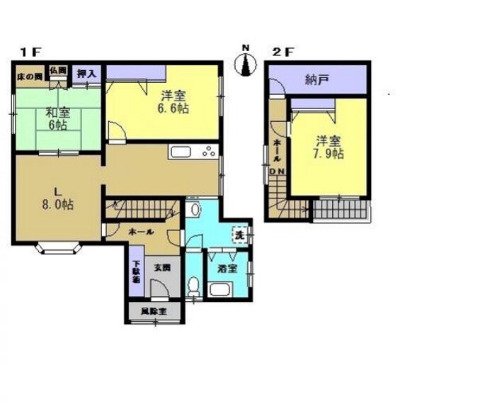 間取り図 【リフォーム後間取図】脱衣場の拡張を行いました。階段の架替えを行ったのでキッチン・脱衣場を通らず2階へ行けるようになりました。