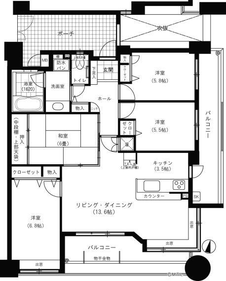 間取り図 採光・眺望・通風良好な4階部分の東南角部屋!広々間取の4LDK!専有面積90.06平米!東・南2面バルコニー付!