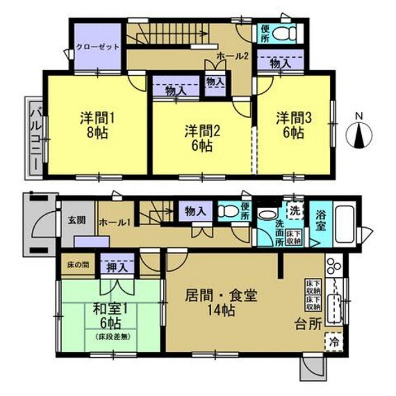 間取り図 【間取り図】4LDK、ウォークインクローゼット付のお家です。1階、2階の両方にトイレがあります。わざわざ1階に降りなくてもトイレに行けるのは便利ですよね。