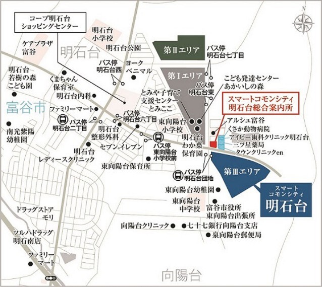 【現地案内図】閑静な住宅街で、静かで穏やかな暮らしが望めます。周辺にはスーパーや小学校、中学校、公園、病院、銀行、郵便局など、生活利便施設も点在する暮らしやすいロケーションです。