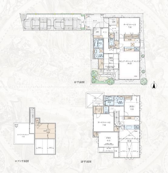 間取り図 2世帯住宅の実用空間 「1F世帯」1フロアで2部屋と水廻り 「2F世帯」明るいリビングから見守るキッズコーナー
