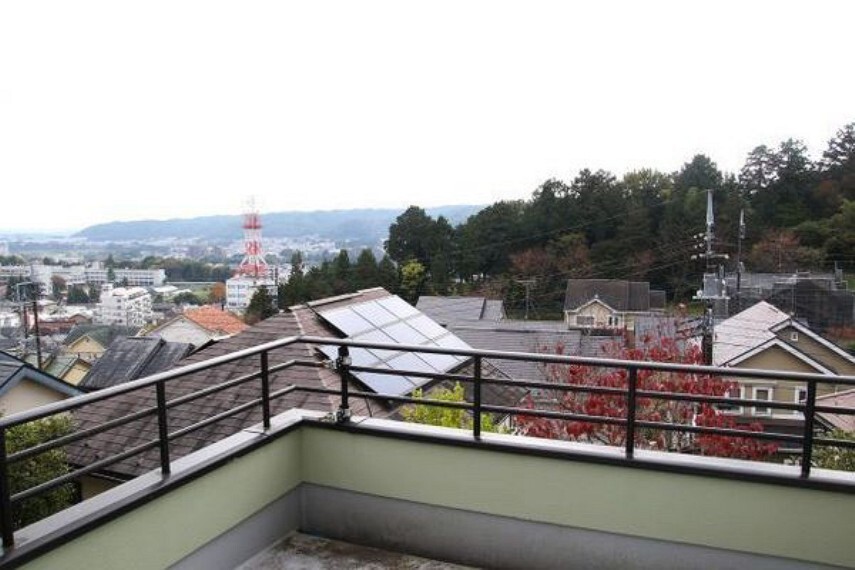 眺望 昼間のバルコニーから見た眺望。 永山公園方面から延びる永山丘陵が手前に、紅白のアンテナ(電話局)の向こうは多摩川南岸の丘陵地が望めます。