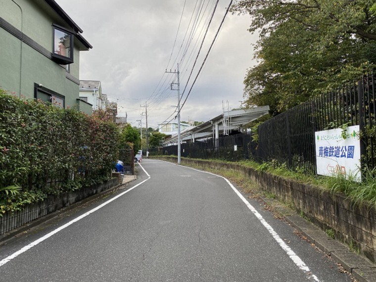 現況写真 青梅鉄道公園が北側にあり、実際に走っていた鉄道車両の静態保存が眺められる周辺です。 (永山公園方面)
