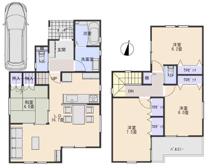 間取り図 LDK16.7帖、和室4.5帖、洋室6帖、6.2帖、7.5帖の4LDK