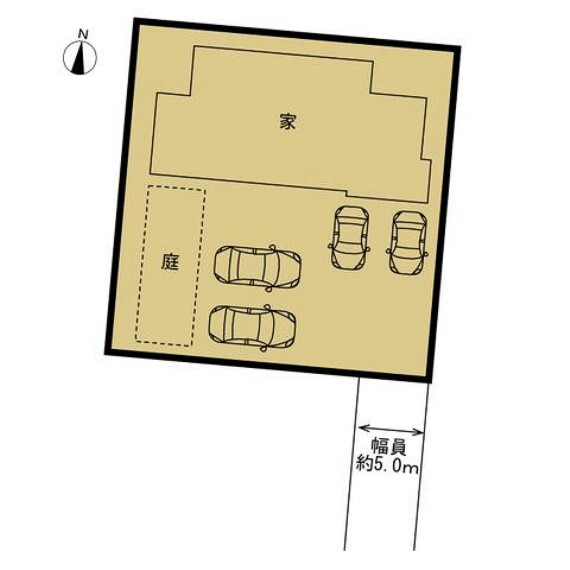 区画図 【区画図】敷地と建物の関係を表して図です。建物44坪に対し、土地が131坪あるため、お車4台止めてもお庭含め十分なスペースがあります。全室南向きなので、毎日明るく、暖かい空間で生活できますね。