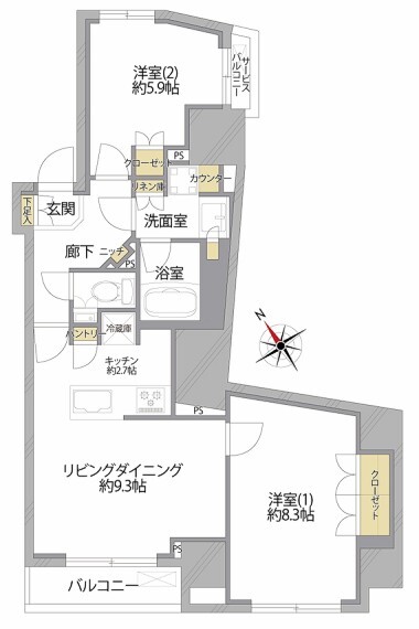 間取り図 2~3人住まいにおすすめの間取り。人気の角部屋です