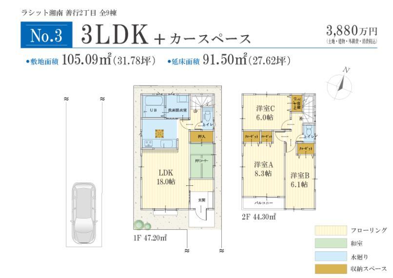 間取り図 No.3間取りプラン 価格: 3880万円間取り: 3LDK土地面積: 105.09m2建物面積: 91.5m2 セミオーダー住宅 ○外観セレクト ○内装セレクト ○キッチンセレクト ○外構セレクト 間取り変更・フリープラン対応可
