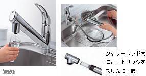 【浄水器内蔵ハンドシャワー水栓】 シンク内清掃もラクラクできるハンドシャワータイプを採用。浄水カートリッジ内蔵型で、カルキ臭などを除去します。シャワーヘッドが引き出せるので、シンク内のお手入れもカンタンです。