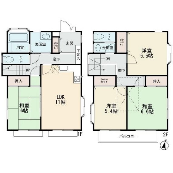 間取り図 2階建ての4LDK 南向きのワイドバルコニー 屋根裏収納付き お庭有り カースペース2台可