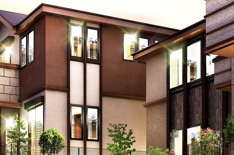 完成予想図(外観) 建物デザイン 垂直ラインを際立たせ、悠々とした邸宅の表情を創り出す連窓をリズミカルに配列。夜景に浮かぶ窓の灯と照らしだされる外壁の陰影が美しいコントラストを生み出します。