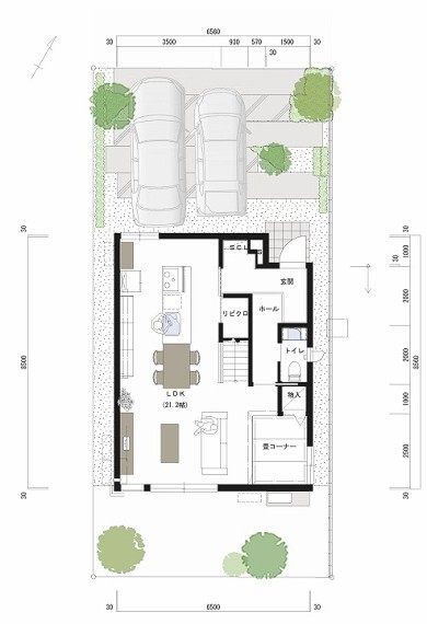 間取り図 南北に通った、間仕切りのない一体的なLDK空間が魅力です。南庭に開いた大きな南側開口からは、たっぷりと光が差し込み、LDKを明るくしてくれます。プラン中の家具・車などは、販売価格に含まれておりません。