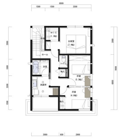 間取り図 2階に水回りを集約することで家事導線を短くしています。
