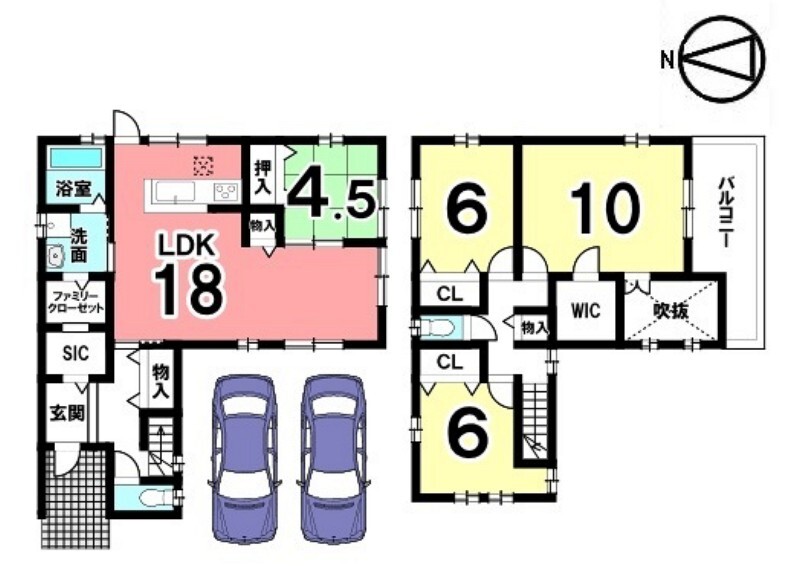 間取り図 2階、10帖の洋室は主寝室にぴったり! 全室の収納に加え、1・2階廊下や洗面横にも 物入やクローゼットを確保しました。並列で2台駐車可能です。