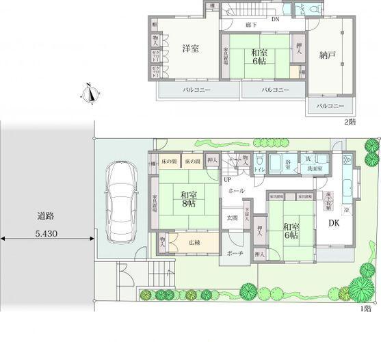 間取り図 現状の間取図でございます。なかなか近頃、同様な作りの不動産は少なくなってきました。建物自体だけではなく、敷地の周りの庭木も古き良き日本の家らしい作りです。