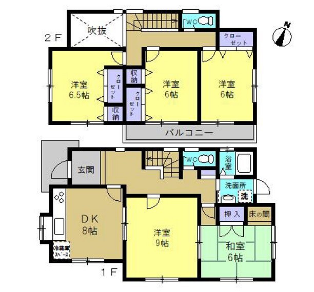間取り図 【リフォーム済】全居室6帖以上の5DKの間取です。すべての居室が6帖以上、玄関の吹き抜けや1・2階に設置されたトイレなどが魅力の物件です。