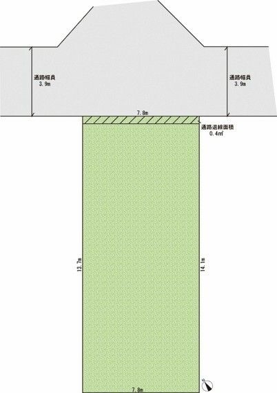 区画図 土地面積/109.82平米。（土地面積には、通路後退部分約0.4平米が含まれています）建築基準法の道路に接道していない為、原則として建物の建築はできません。