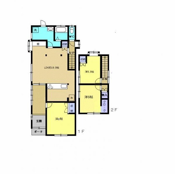 間取り図 リフォーム後間取り図。間取り変更をおこない、3LDKのお家に生まれ変わりました。LDKは広々20帖。I型のキッチンを入れ、対面キッチンになりました。
