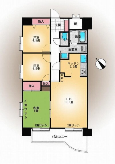 間取り図 陽当り風通しの良い角部屋です。足を伸ばしてくつろげる6帖の和室ございます。ペット不可(小動物は除く)、駐車場:無し(近隣あり)
