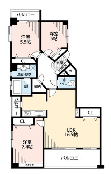 間取り図 3LDKに広いバルコニー付き、部屋の外にも収納がたくさんあってうれしいですね^^ペット、楽器相談可能です。
