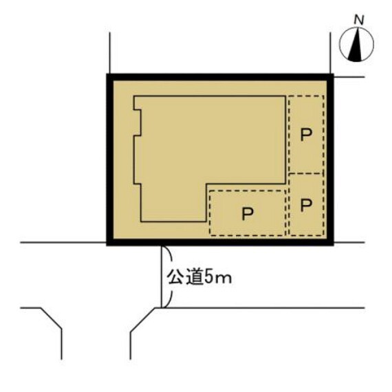 間取り図 【区画図】敷地と建物の配置図です。南側に約5mの公道と接しております。リフォームで間口も広がるので駐車がしやすくなりますね。