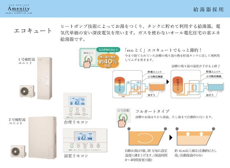 省エネ給湯器「エコキュート」。 ヒートポンプ技術によってお湯をつくり、タンクに貯めて利用する給湯器。 電気単価の安い深夜電気を用います。