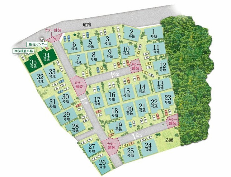 区画図 全34区画が全て60坪以上の敷地。前面道路6mを確保し、街並み全体にゆとりを感じられます。周辺も住宅地なので、静かで穏やかな環境です。