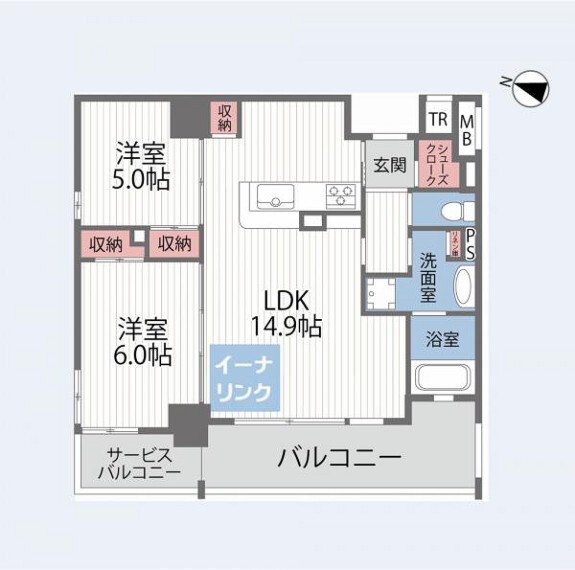 間取り図 2LDK 専有面積59.06平米 バルコニー面積8.76平米 西向き 19階建て11階部分
