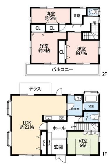 間取り図 22畳のLDK、2階には各部屋収納付きの洋室と書斎があります。内覧も出来ますのでお気軽にお問い合わせください^^